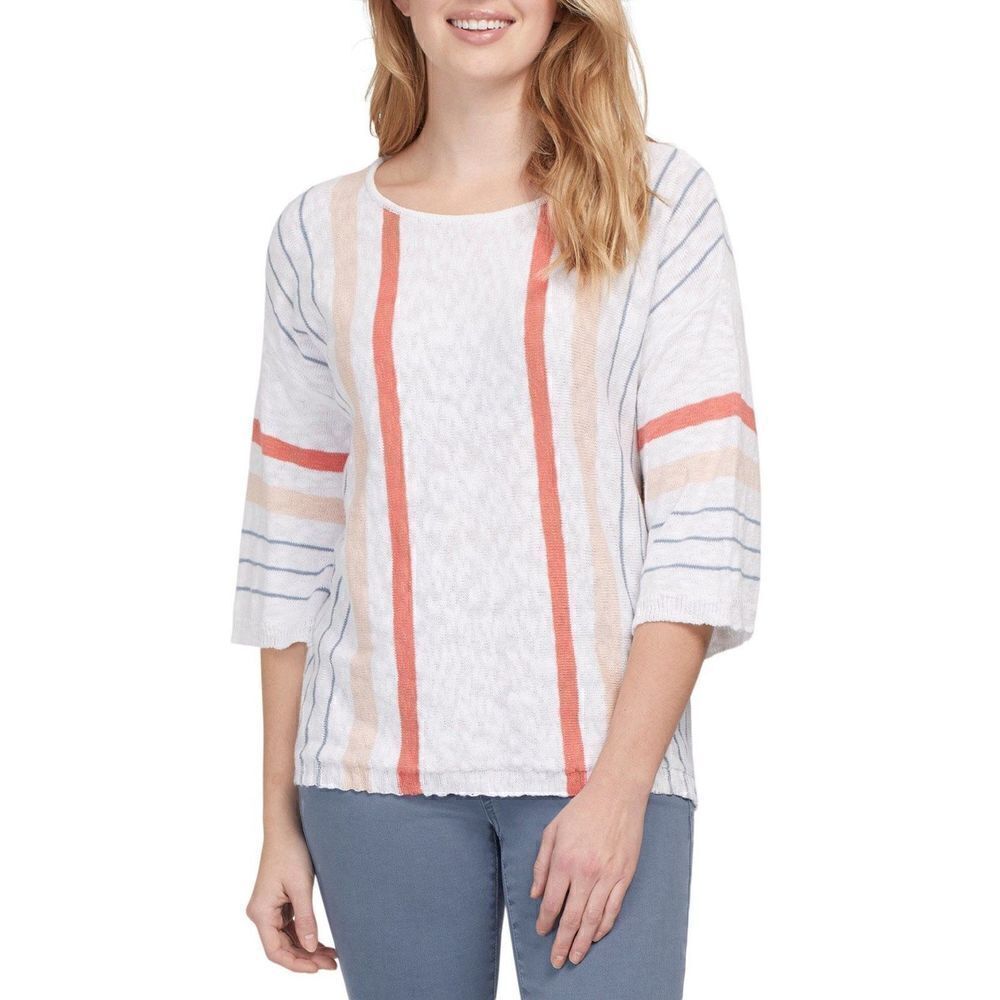 Tribal Jeans striped white sweater with peach/pink/blue stripes sz L